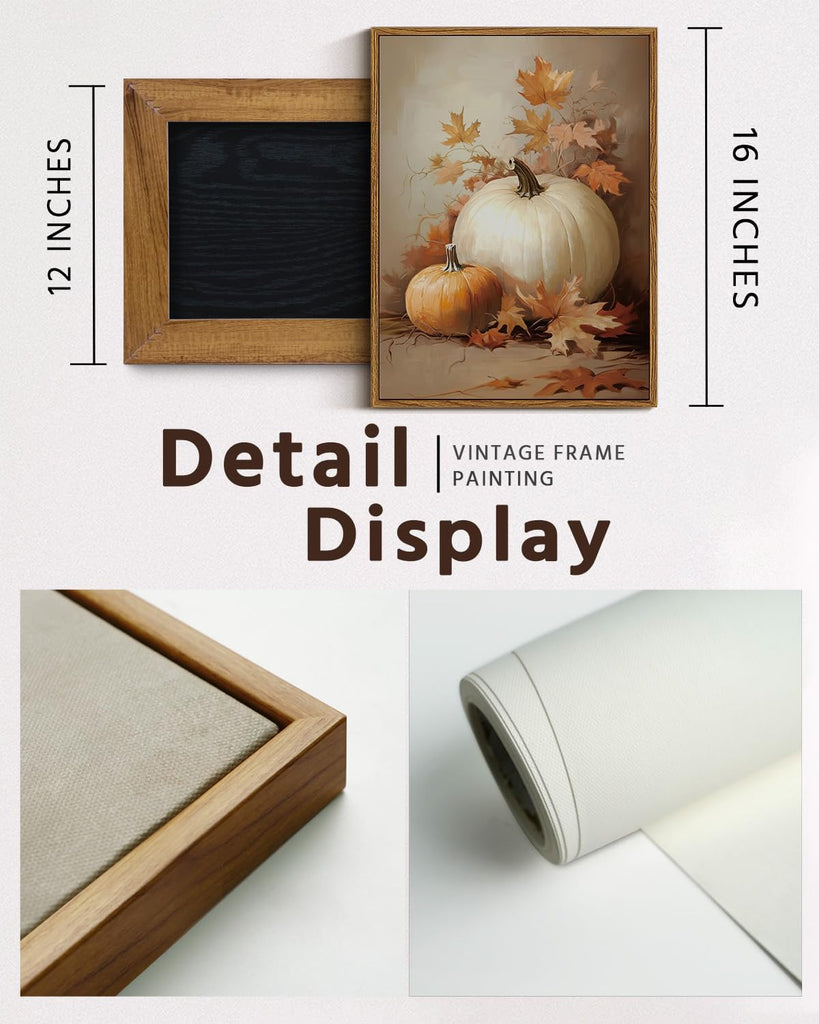 Vintage Framed Canvas Wall Art, Pumpkin and Leaves Fall Art Prints, Rustic Autumn Harvest Decor Kitchen Entryway