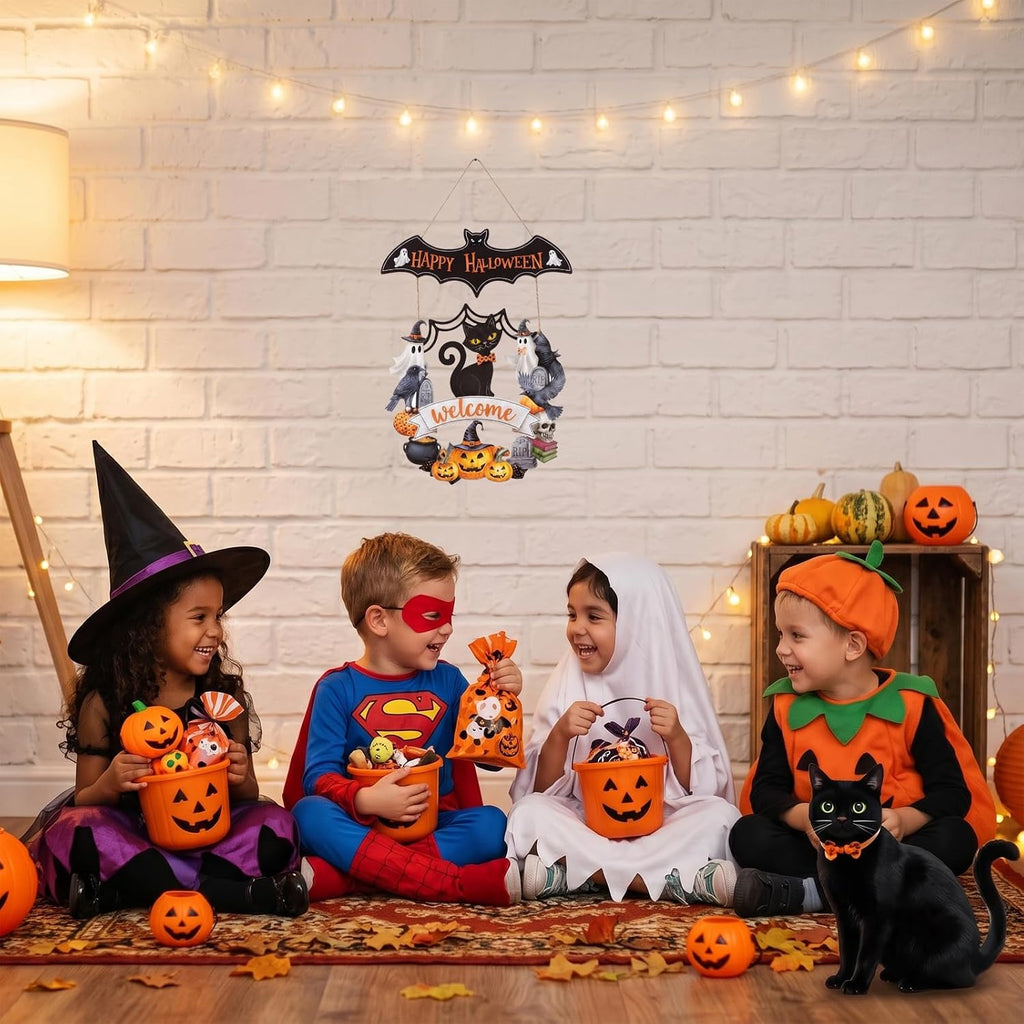 Halloween Decoration: Ghost Wood Door Sign, Spooky Wreath