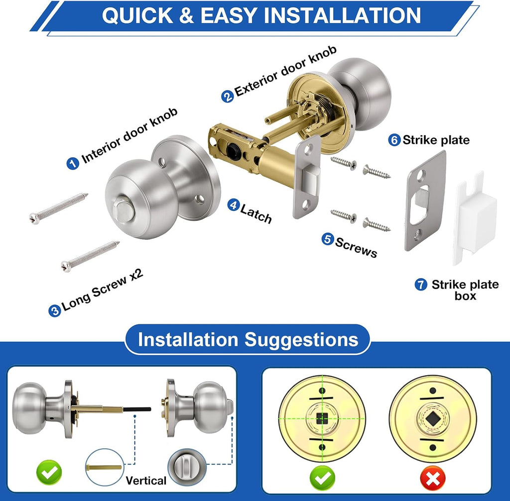 6 Pack Brushed Nickel Door Knobs,Privacy Door Knob with Lock, Interior Doorknobs Silver, Keyless Door Locks Set s