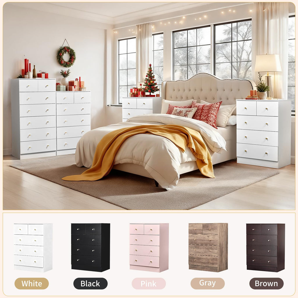 White 5 Drawer, Rose Gold Handle Modern Bedroom Chest