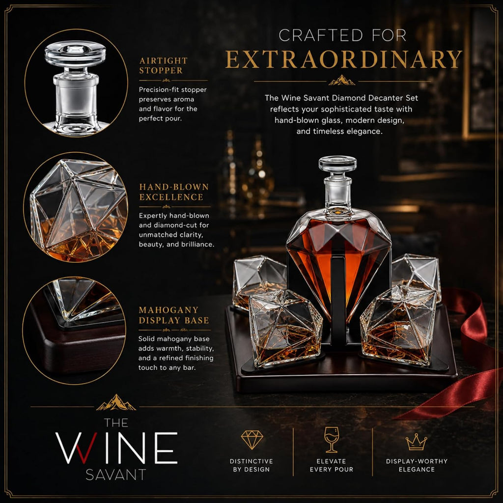 Ry Diamond Whiskey Decanter Set with 4 Matching Glasses & Mahogany Wood Base - 750ml Hand-Blown Borosilicate Glass - Set of 5