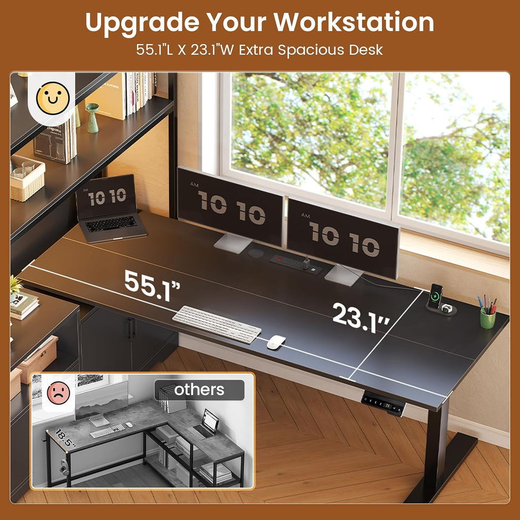 57" L Shaped Standing Desk, Sit Stand Office Desk with Storage Hutch | Black Reversible Stand Up Corner Gaming Desk