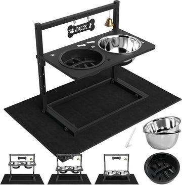 Elevated Dog Bowls with Slow Feeder and Spill Proof Mat, Adjustable Height 4.3-11.8'', Two 1.7L Stainless Steel Food