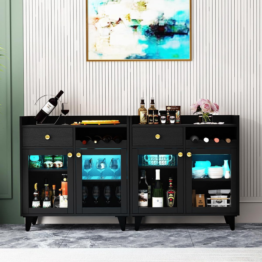 Black Wine Bar Cabinet, Glass Door with LED Light & Shelves | Comes With Glass Doors And Interior Light; Adjustable