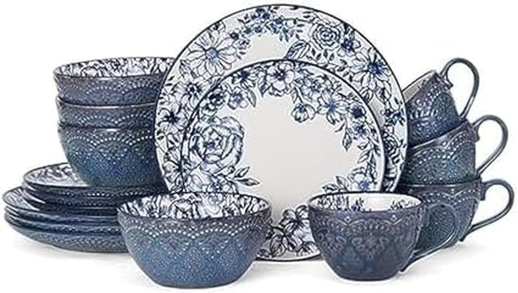Gabriela Blue 16-Piece Dinnerware Set, Service for 4, Durable Stoneware Plates, Bowls