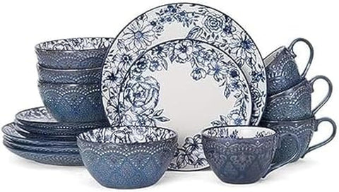 Gabriela Blue 16-Piece Dinnerware Set, Service for 4, Durable Stoneware Plates, Bowls