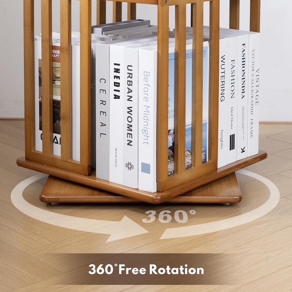 Rotating Bookshelf Tower, 360° Display Spinning Bookcase, Bamboo Bookshelf Floor Standing Storage Rack, Wood Narrow