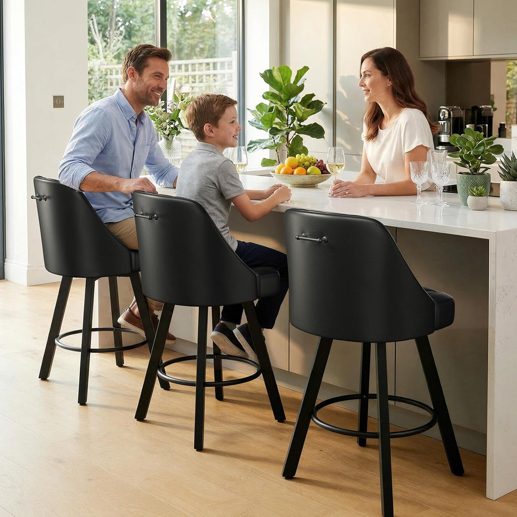 Swivel Bar Stools with Backs, 26 Inches Counter Height Bar Stools Set of 3, PU Leather Upholstered Counter Barstools