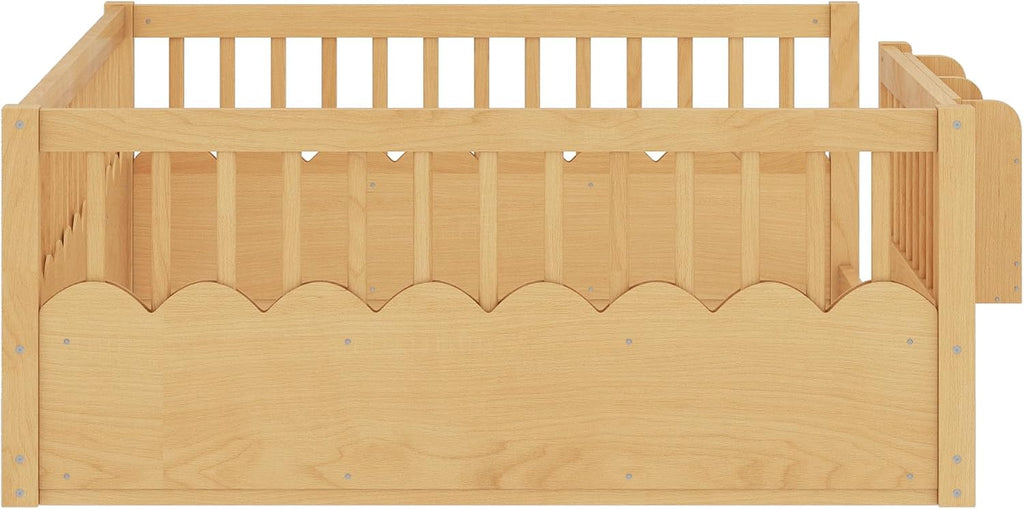 Floor Bed with Fence and Bookshelf, Solid Wood Montessori Floor Bed Frame with Storage Shelves, Low Profile