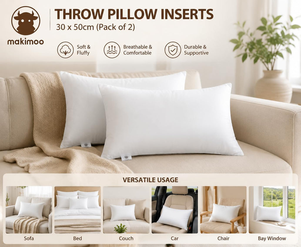 Throw Pillow Inserts 30 x 50cm (12" x 20"), Cushion Inserts, Hollowfibre Filling for Sofa, Bedding Cushion Pads (Pack - Set of 2