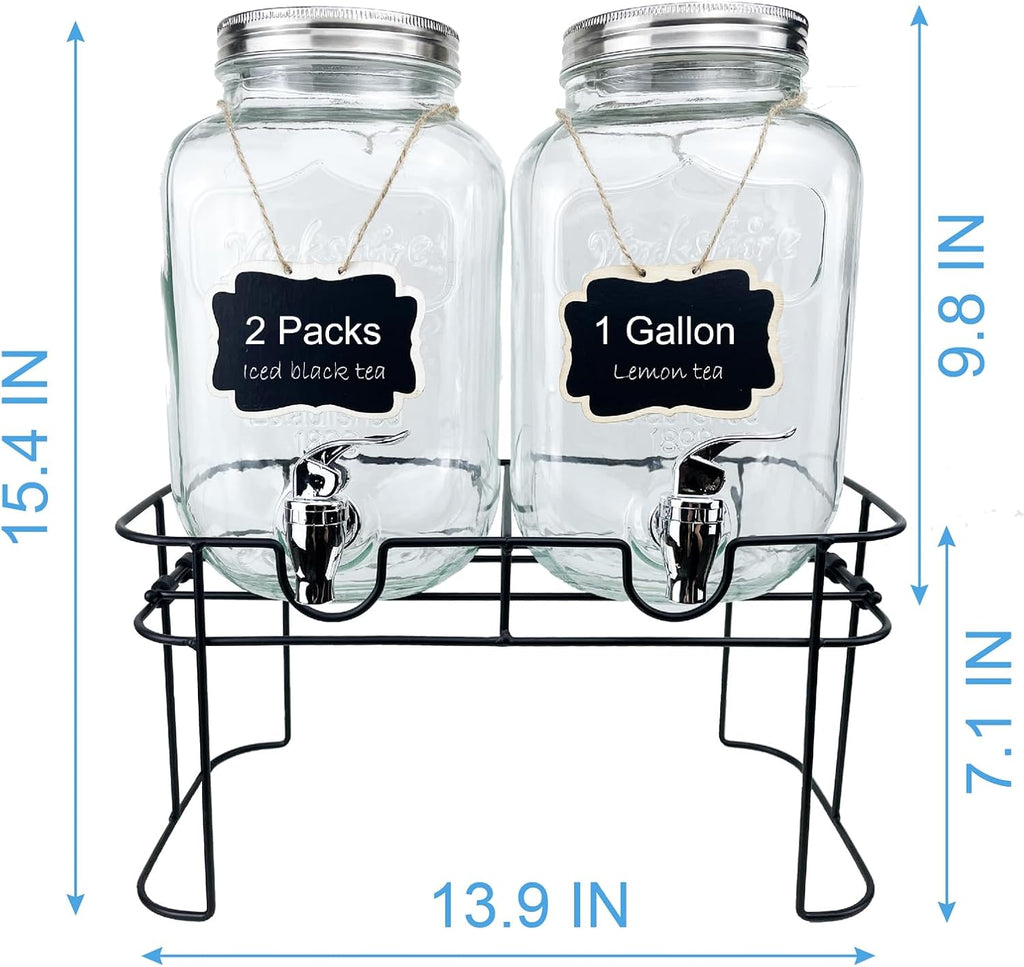 1 Gallon Glass Drink Dispenser for Parties, 2 Packs Juice Lemonade Ice Tea Water Dispenser with Stand, Beverage