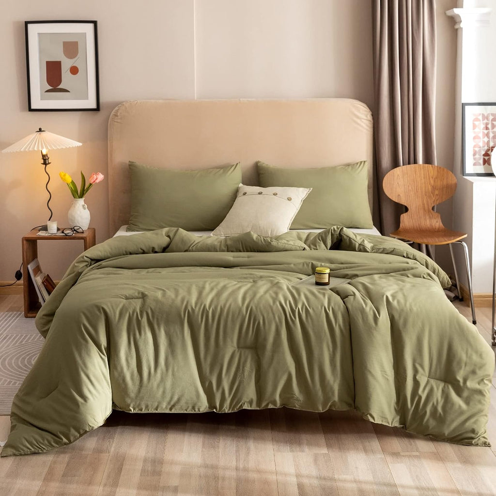 Queen Comforter Set Olive Green, 3pcs Bedding Sets Queen (1 Boho Olive Comforter & 2 Pillowcases)