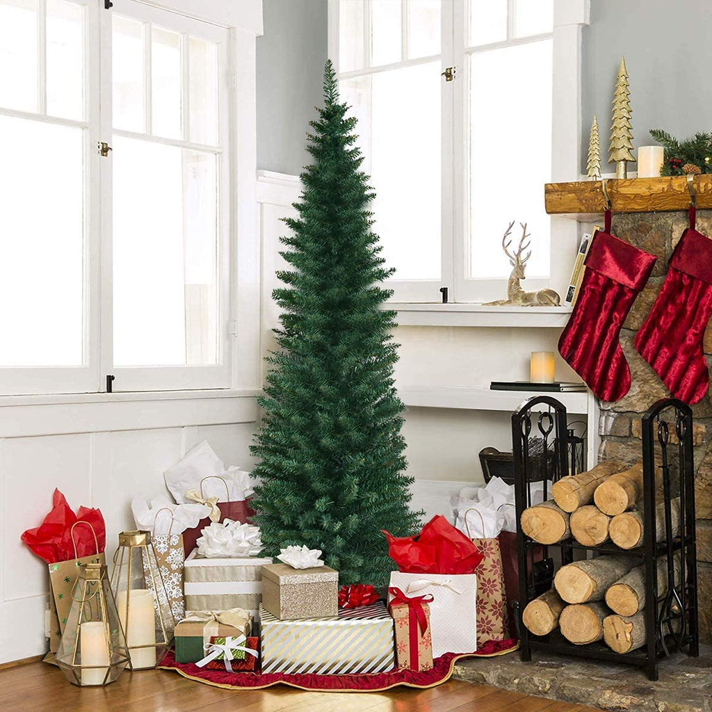 6FT Pencil Christmas Tree Slim Xmas Tree Outdoor Decoration Unlit Artificial Christmas Tree with Foldable Metal Stand