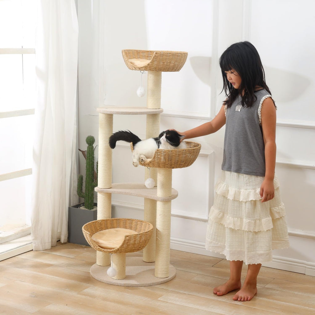 Modern Cat Tree Tower, Wooden Condo, 3 Large Rattan Wicker Basket Beds, Window Perch for Cats up to 20 lbs