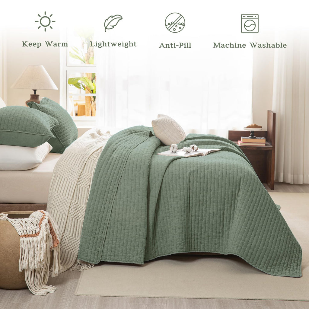 Quilt 128"x120", Stone-Washed Cotton Olive Green Bedspread, Soft Lightweight Extra Large