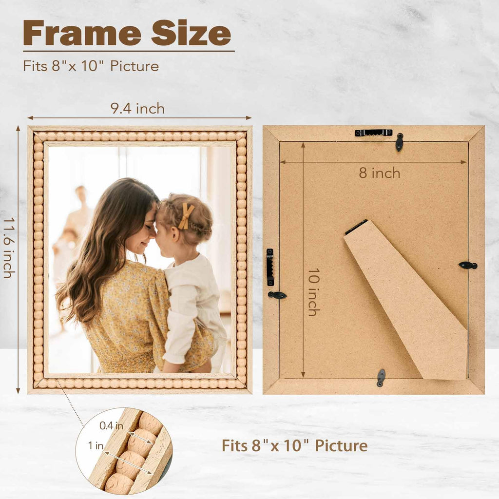 Wood 8x10 Picture Frame with Decorative Beads for Wall Decor or Tabletop, Boho Rustic Handcrafted 8 x 10 Frame with