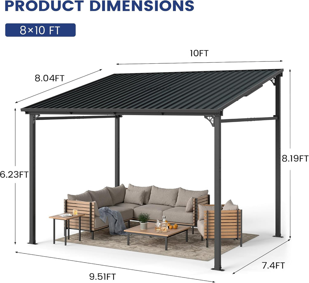 8'x 10' Wall Mounted Gazebo, Lean to Gazebo Pergola with Sloped Roof | Hard Top Pergola