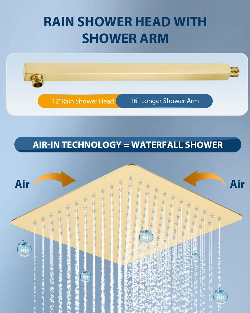 12 Inch Brushed Gold Rain Shower Head with Extension Arm, Rainfall Square Showerhead with 16 Inch Shower Arm All
