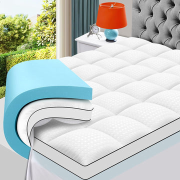 Queen Size Dual Layer 4 Inch Memory Foam Mattress Topper, 2 Inch Cooling Gel Memory Foam and 2 Inch Pillow Top