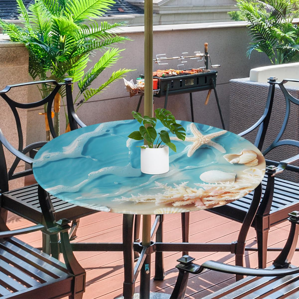 Costal Beach Sea Ocean Round Outdoor Tablecloth with Umbrella Hole 45-56 inch Patio Table Cover Hidden Zipper