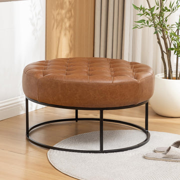 Modern Genuine Leather Round Coffee Table, 30'' Farmhouse Ottoman, Large Vintage Genuine Leather Coffee Tables with