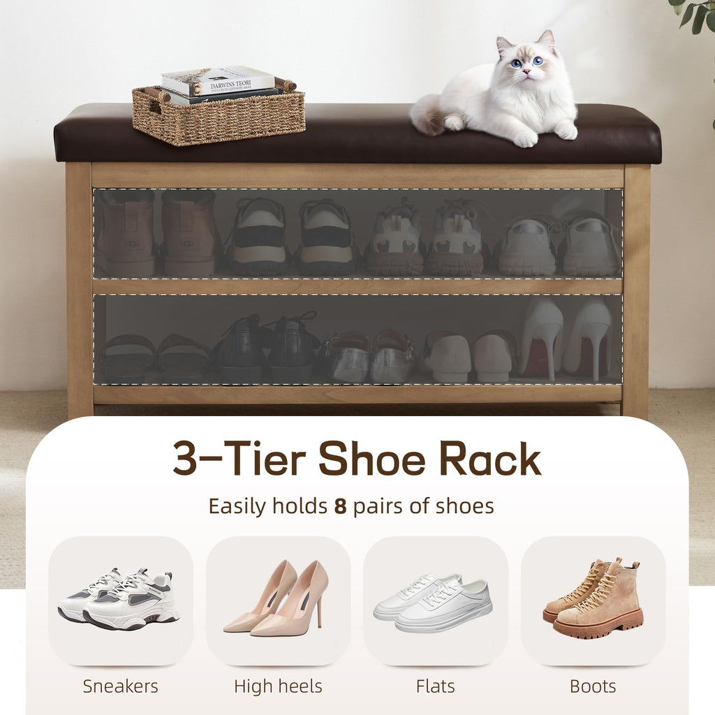 Shoe Rack Bench with Leather Cushion, 2 Tier Solid Wood Storage Bench, Mid-Century Modern Shoe Bench, Closet, Front