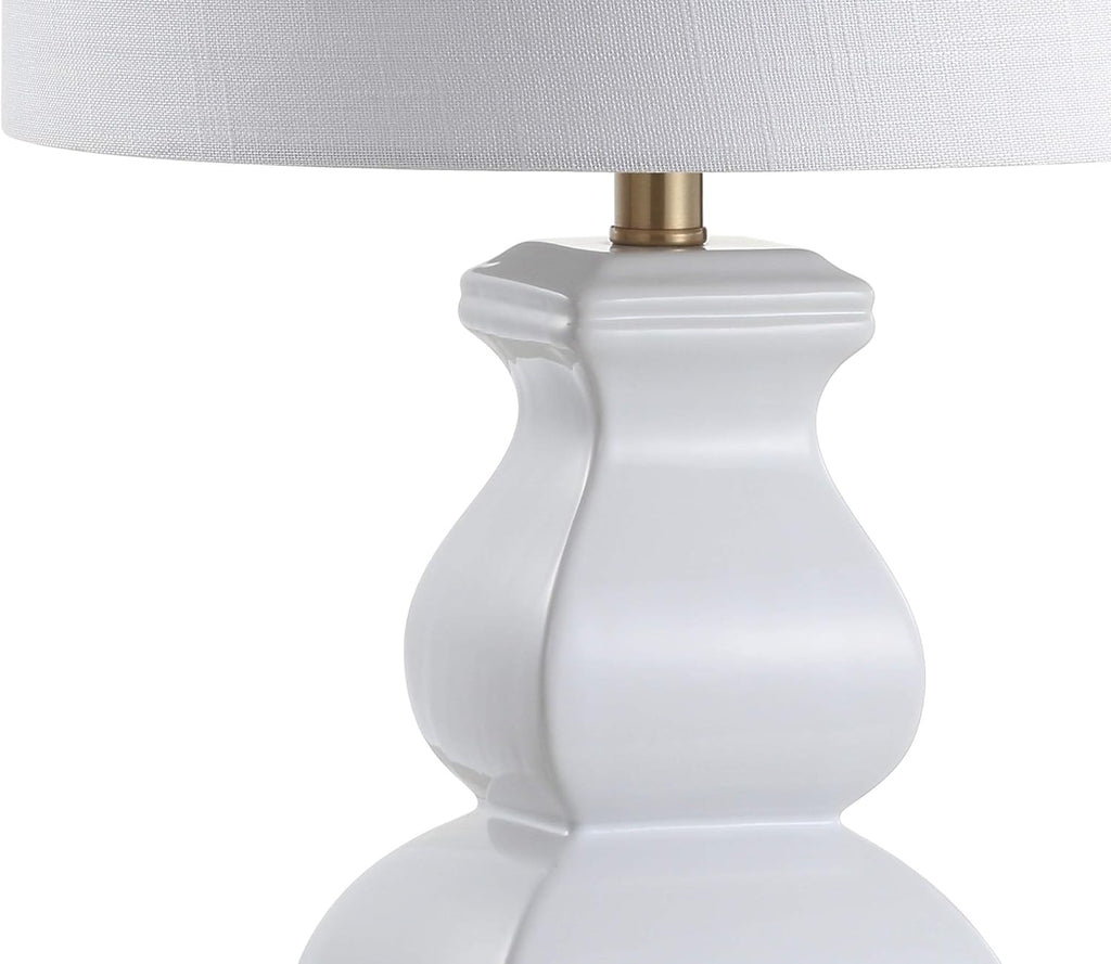 25.5" White/Gold Ceramic Table Lamp Bedroom, White Linen Shade, Modern Footed Vase Bedside Lamp, LED Bulb Included