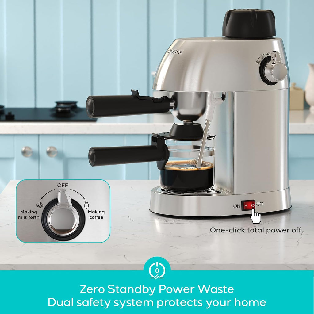 3.5 Bar 4 Cup Espresso Cappuccino Machine with Milk Frother | Stainless Steel, Milk Frother, Dual Safety Switches