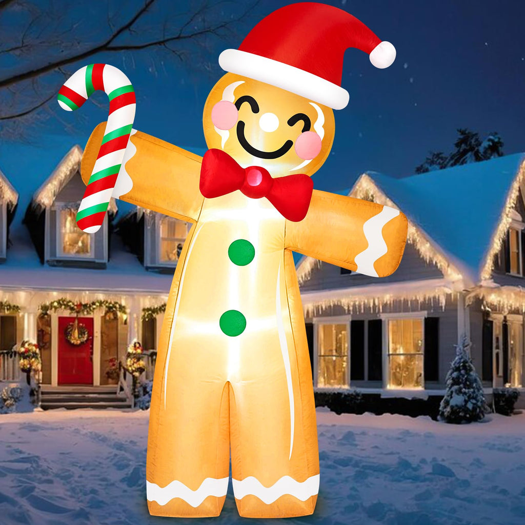 8FT Tall Giant Gingerbread Inflatable Christmas Decorations Outdoor Candy Cane, Built-in LED Lights Funny Ginger