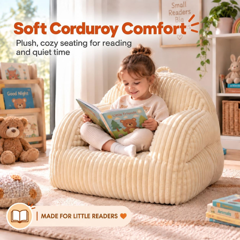 Kids Sofa Chair, Comfy Bean Bag Chair with Armrests, Ages 3 and Up, Beige