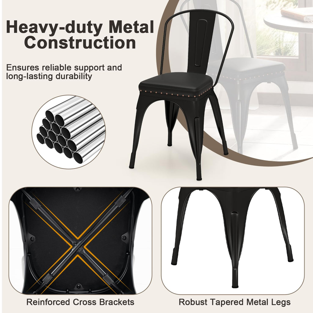 Metal Dining Chairs Set of 4, Stackable Armless Kitchen Side Chair with Detachable Backrest & PU Leather Padded Seat