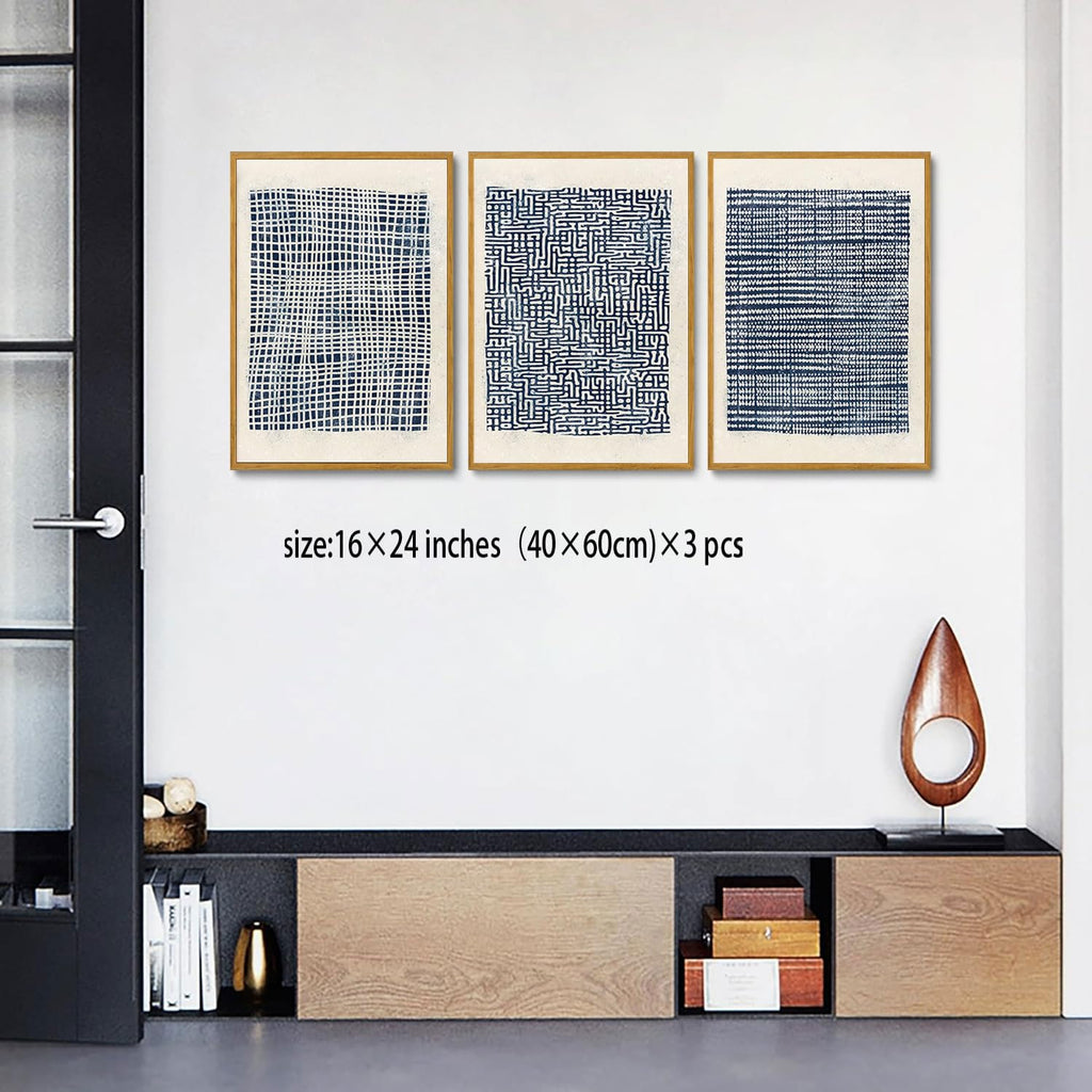 Modern Abstract Framed Navy Blue Canvas Wall Art Prints Set of 3 Boho Mid Century, Paintings Pictures Wall Decor