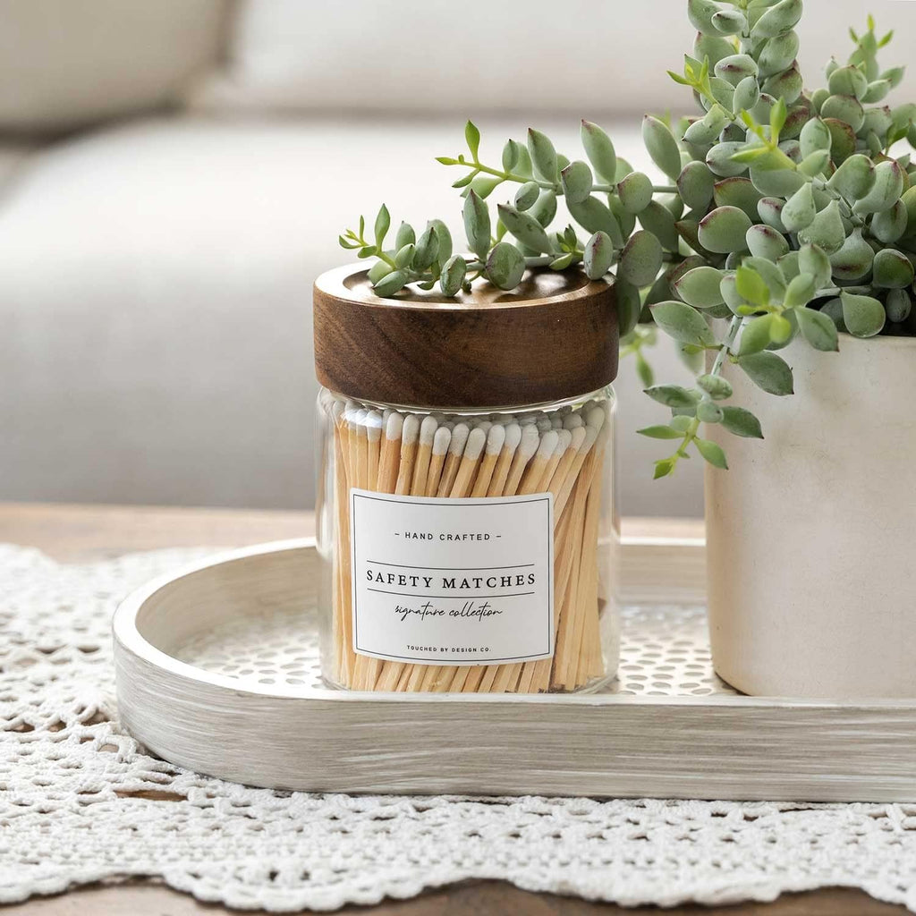 Touched By Design Co Signature Decorative Match Holder w Approx 150 White 3" Matches in a Jar | Glass Match Bottle
