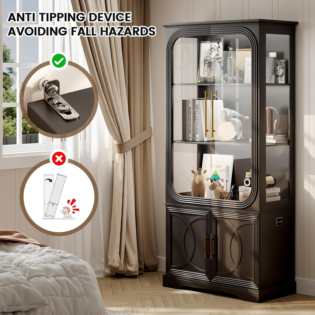 69 in Tall Display Cabinet with Glass Doors, LED Lights | 5 Tier Modern LED Display Bookcase Storage Cabinet, Human