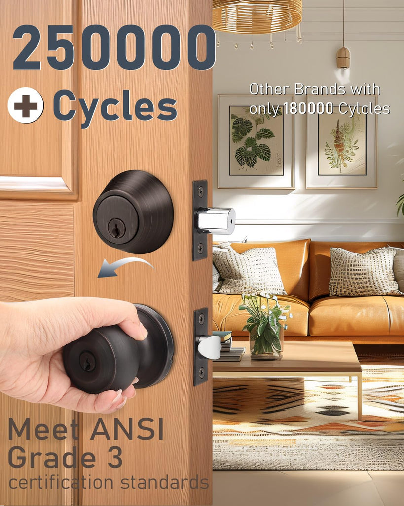 3 Pack Keyed Alike Front Door Knob and Deadbolt Set, Entry Door Locksets with Single Cylinder Deadbolt, Oil Rubbed