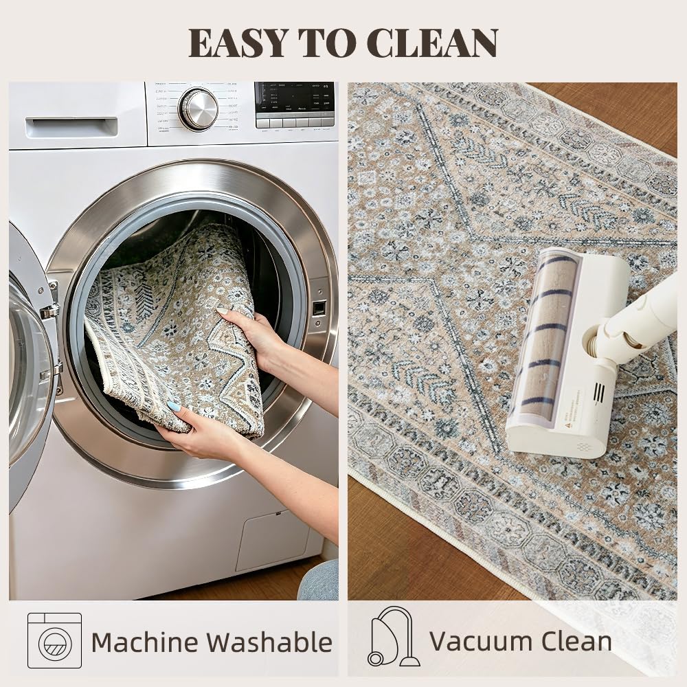 2'x8' Beige Brown Runner Rug, Washable Carpet