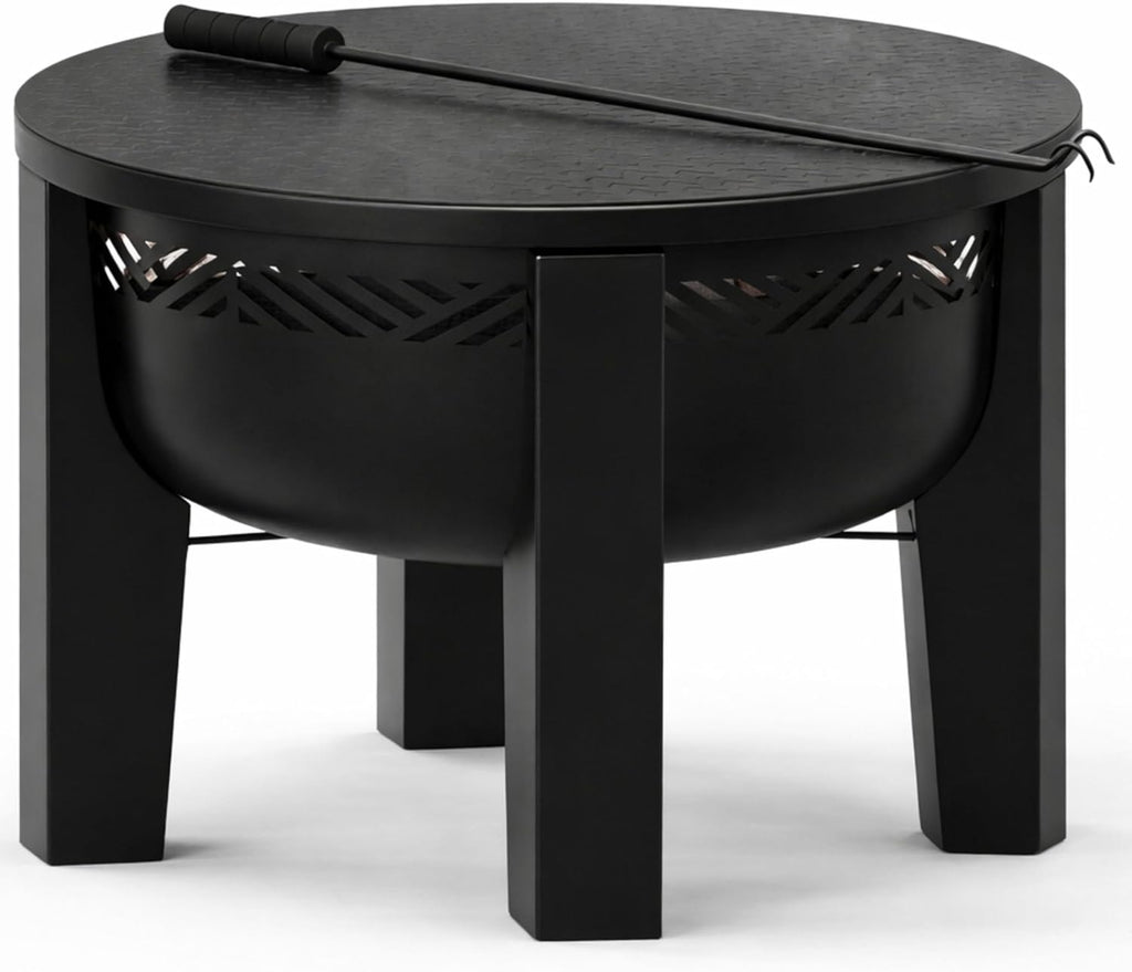 Fire Chief Wood Burning Fire Pit with Tabletop Lid - Modern Outdoor Metal Fire Pit