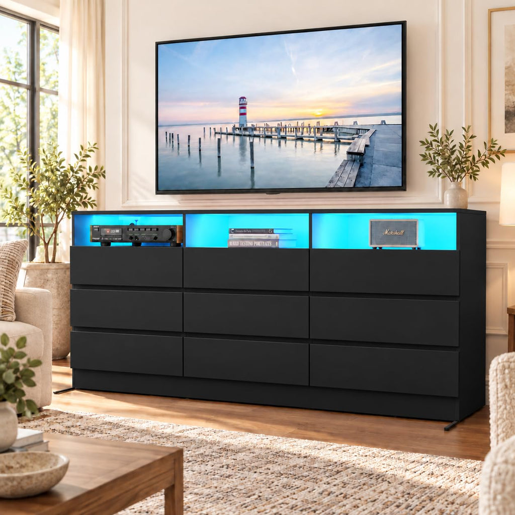9 Drawer Black Dresser with LED Lights & Power Outlet