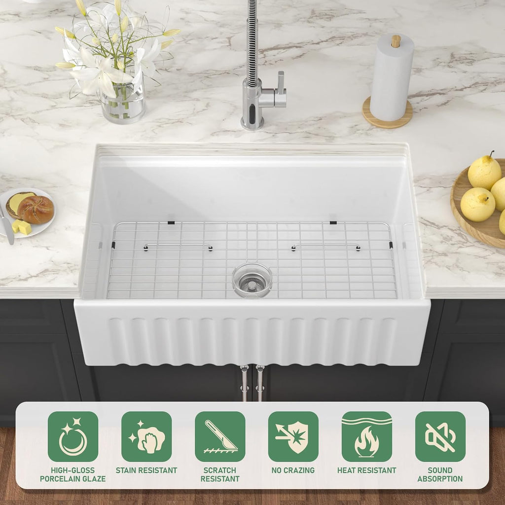 33" White Fireclay Farmhouse Sink Workstation | Reversible Apron Front, Single Bowl, Engineered with Sloped Bottom