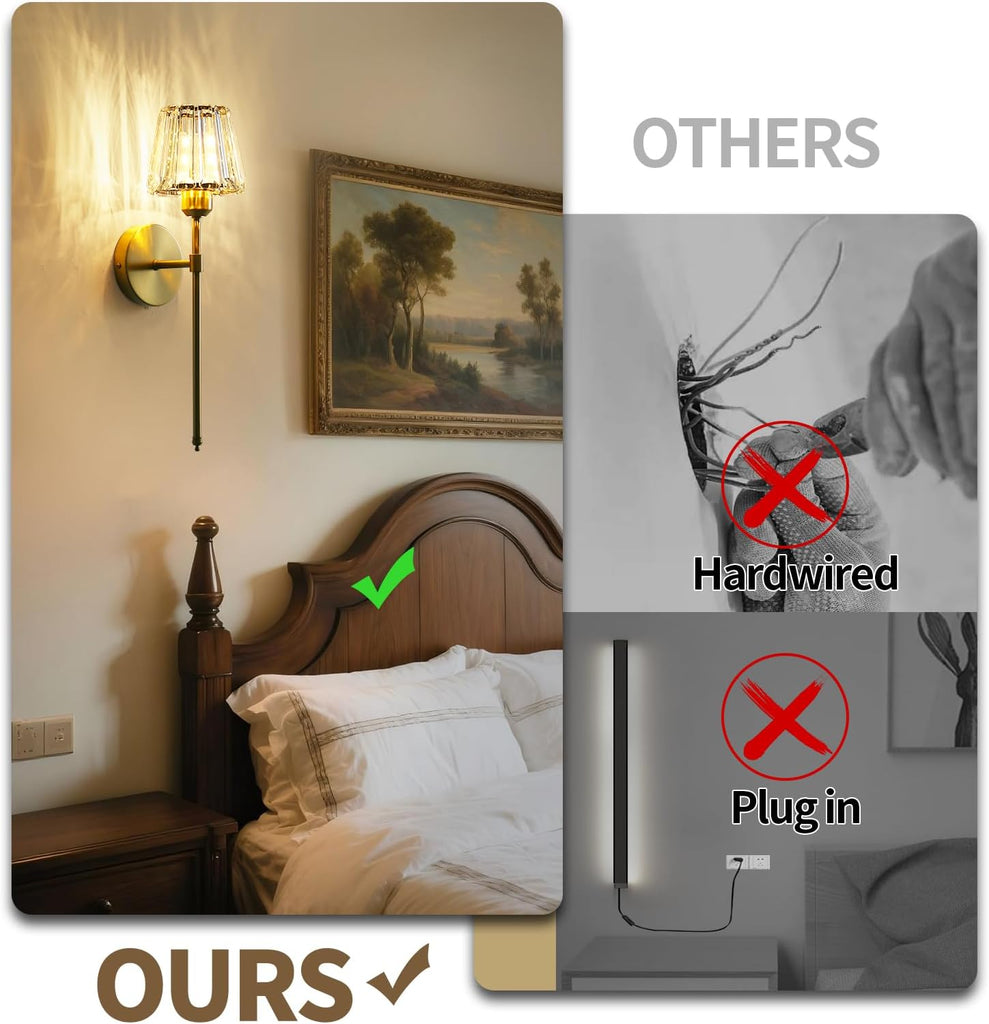 Battery Operated Crystal Wall Sconce Set of 2, Gold Rechargeable Wireless Wall Sconces with Remote Dimmable 12 Colors