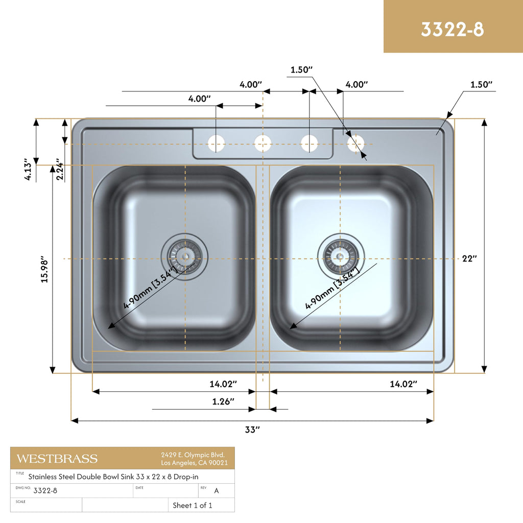 33-inch Stainless Steel Topmount 4-hole 50/50 Double Bowl 8-inch Deep Kitchen Sink