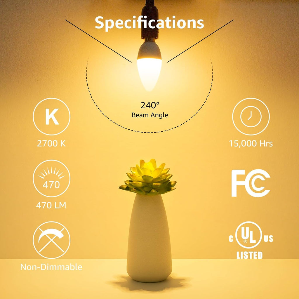 E12 LED Candelabra Light Bulbs, 5.5 watt, 40 watt Equivalent C37 B11 Ceiling Fan Bulb Chandelier Bulbs, 2700 Kelvin