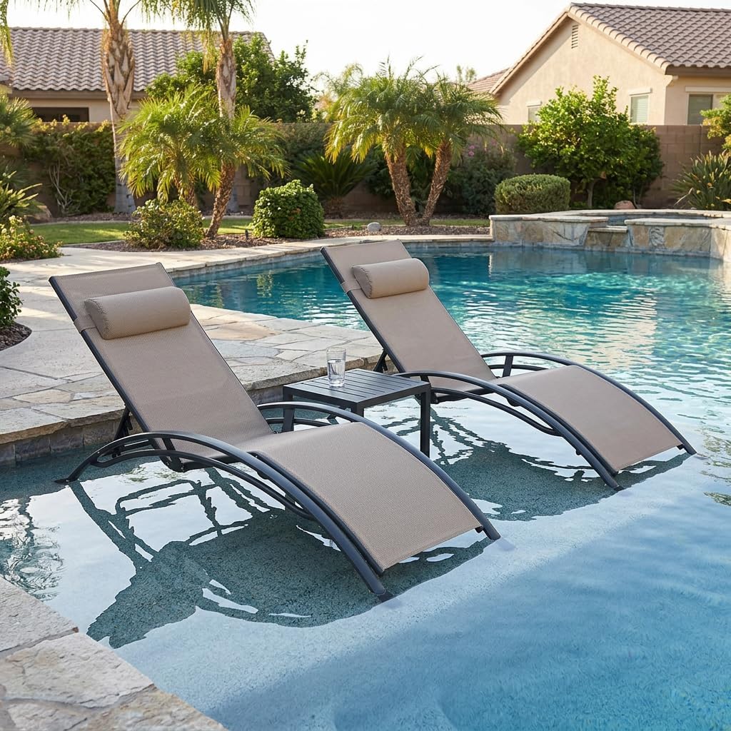 Patio Pool Lounge Chaise Set of 3 Outdoor Lounger Chair, Taupe | 2 Chaise + 1 Table, Aluminum Frame, Adjustable
