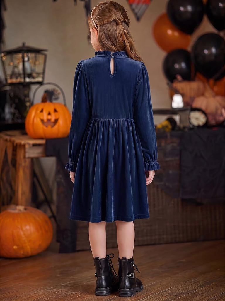 Girls Velvet Long Sleeve Dress Ruffled A-Line Party Dresses