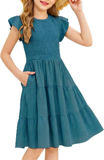 Girls Flutter Sleeve Smocked Tiered Midi Sundress with Pockets