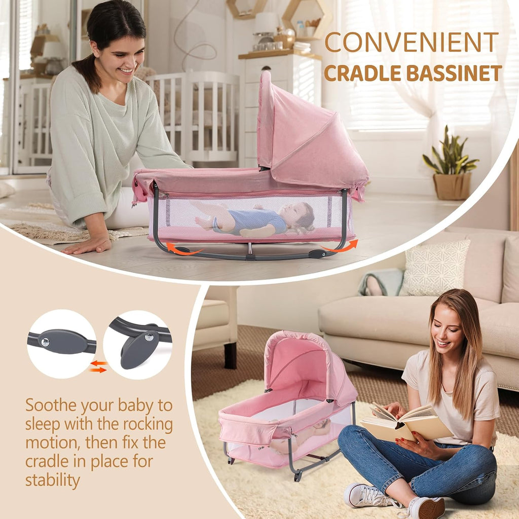 7 in 1 Bedside Bassinet with Changing Table, Baby Girl Bassinet, Pink Bedside Sleeper with Mattress, Sheet, Canopy