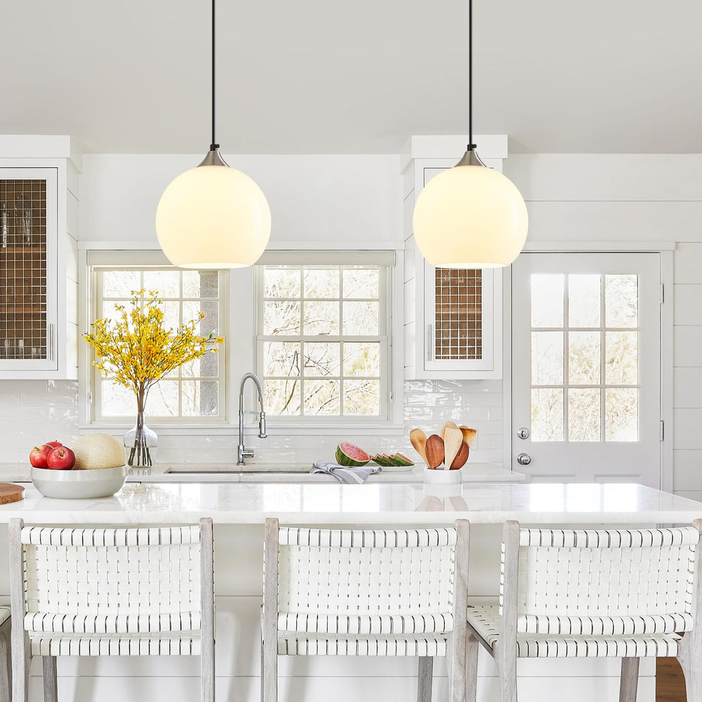 White Pendant Lights Kitchen Island 1 Pack, 7.87 in Milk Glass Globe