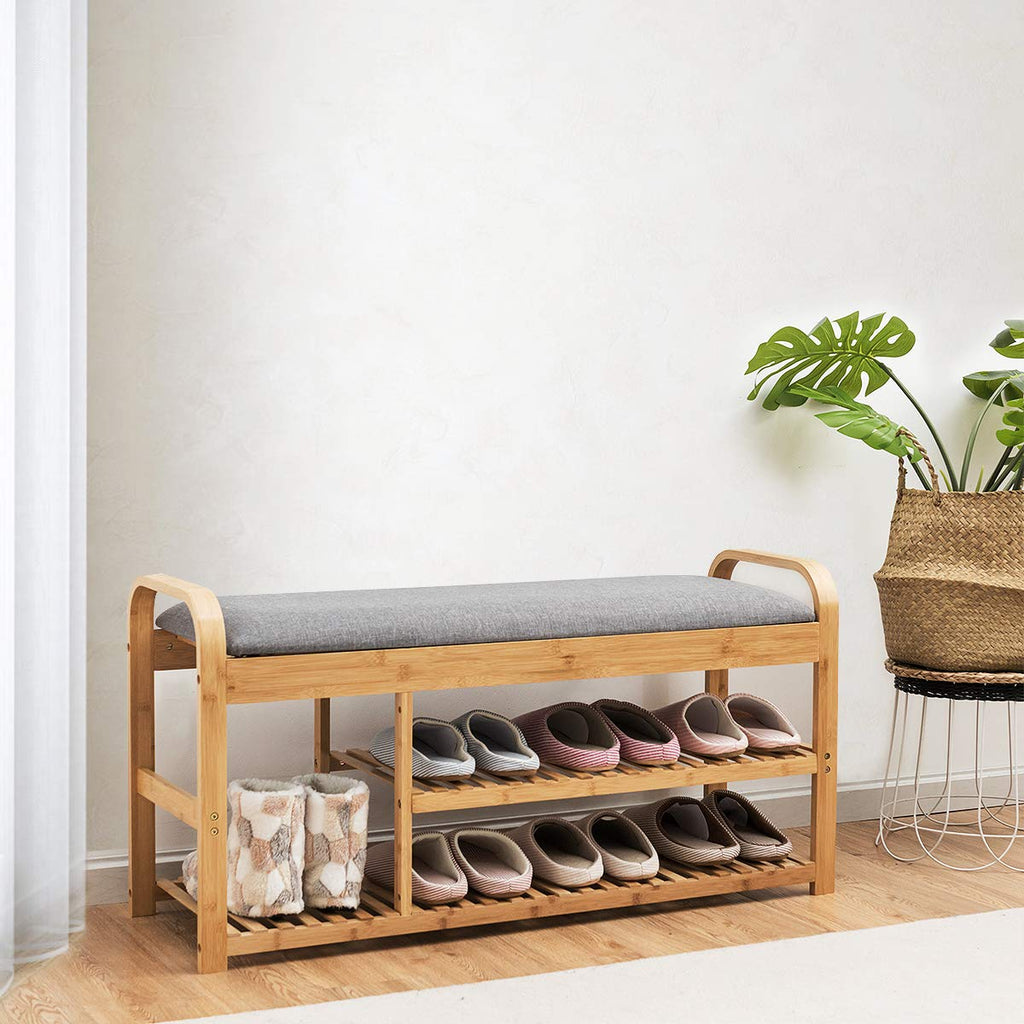 Bamboo Entryway Shoe Bench, 3 Tier Sturdy Shoe Rack with Flip Top Storage Space and Padded Cushion, Compact Shoes