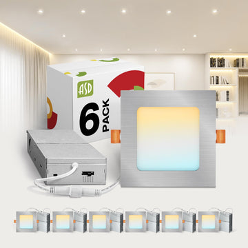 6 Pack LED Square Recessed Lighting 4 Inch, 5 CCT 2700K-5000K, 12W 50W Eqv, Ultra Thin Dimmable Ceiling Lights with J