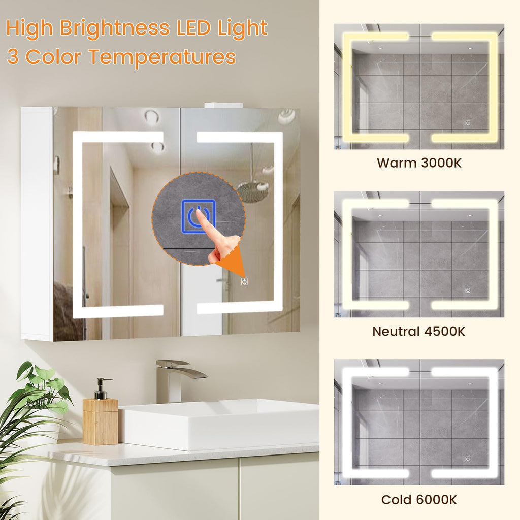 Bathroom Medicine Cabinet with Mirror & LED Lights, Wall Mount Bathroom Mirror with Storage, Built-in Power Outlets